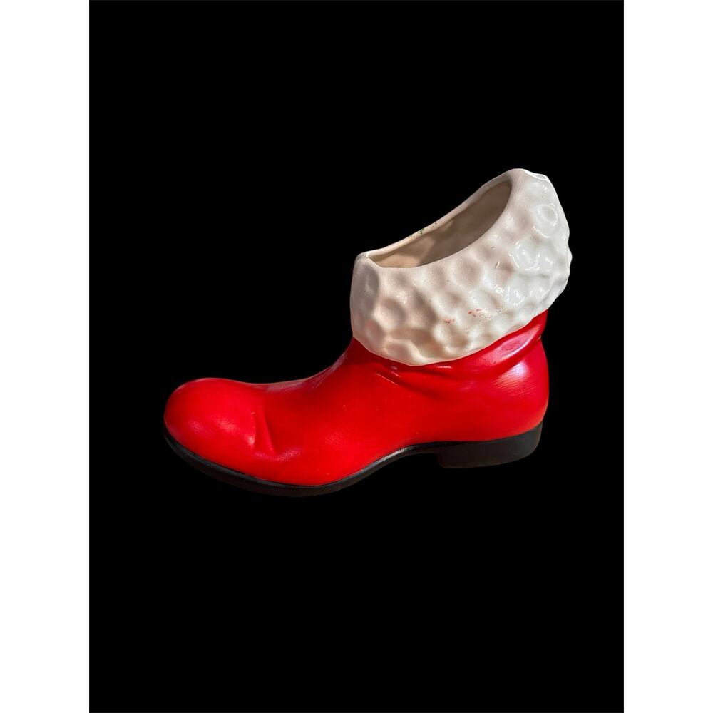 Vintage Handmade Christmas Ceramic Santa Boot Planter Candy Dish